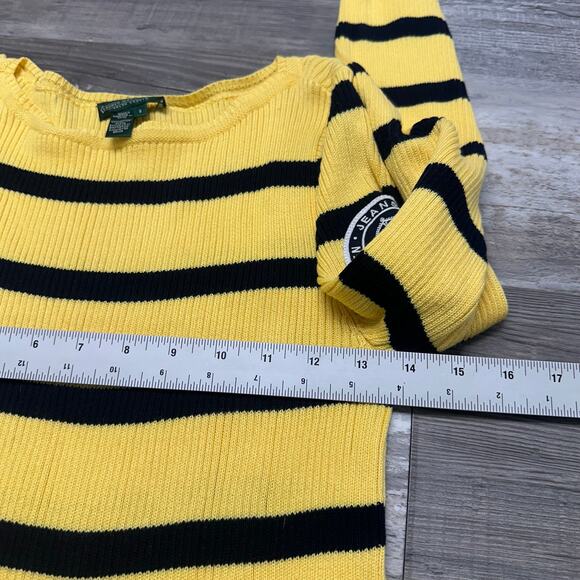 Ralph Lauren Jeans Yellow Black Striped Womens S Crest Patch Logo Ribbed Sweater - Picture 5 of 8